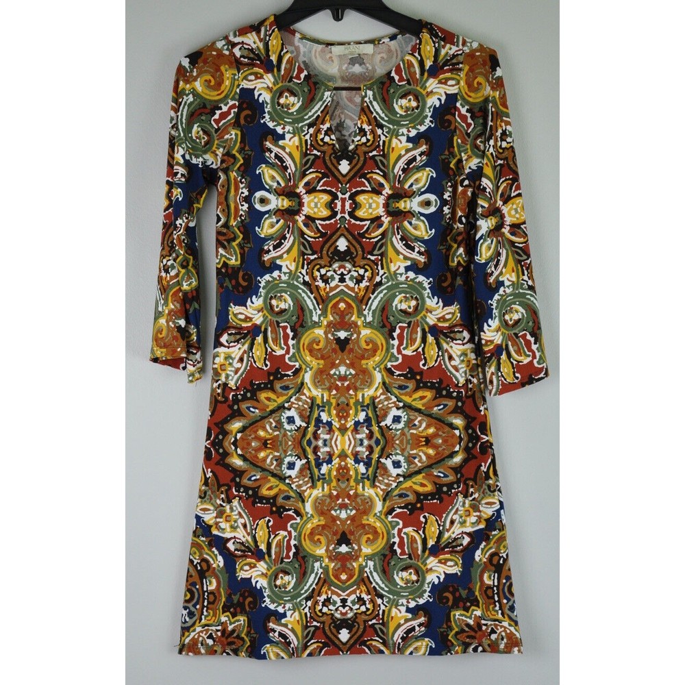 Haani Petite Womens SZ PS 3/4 Sleeve Sheath Dress - Brown, Blue, Rust W/Accents